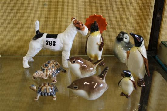 Doulton Airedale terrier, 3 penguin figures and 3 other bird figures